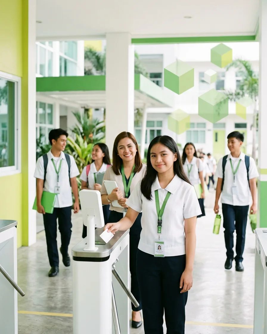 A student taps her ID card on a white gate terminal at a school entrance while classmates walk in behind her