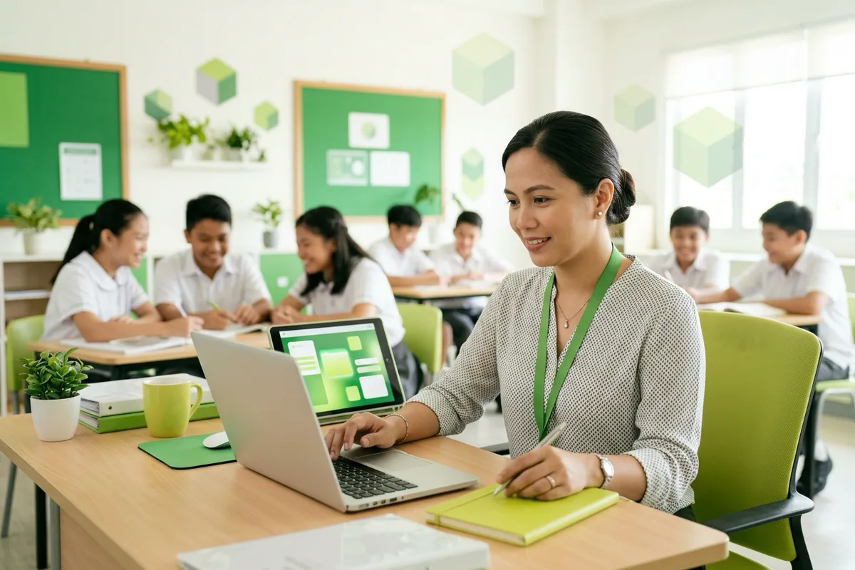 A teacher plans a lesson on a laptop and tablet at her classroom desk while students work in pairs