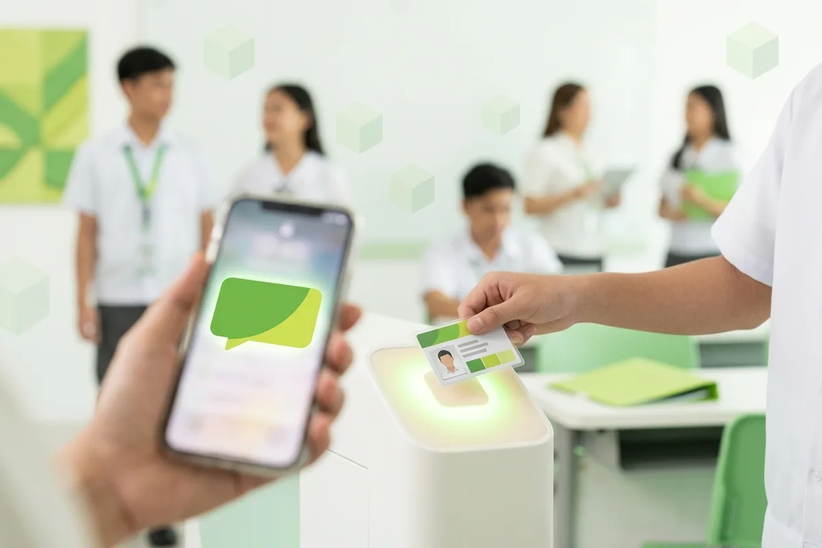 A student taps a laminated ID card on a gate sensor while a parent phone shows the alert